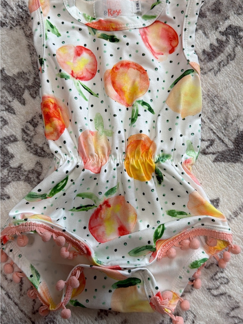 Rose Peach-Print Girls' White One-Piece with Pom Trim